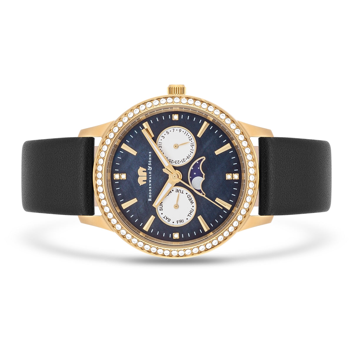 
                  
                    Damen Multifunktionsuhr gelbgold Echtleder schwarz
                  
                