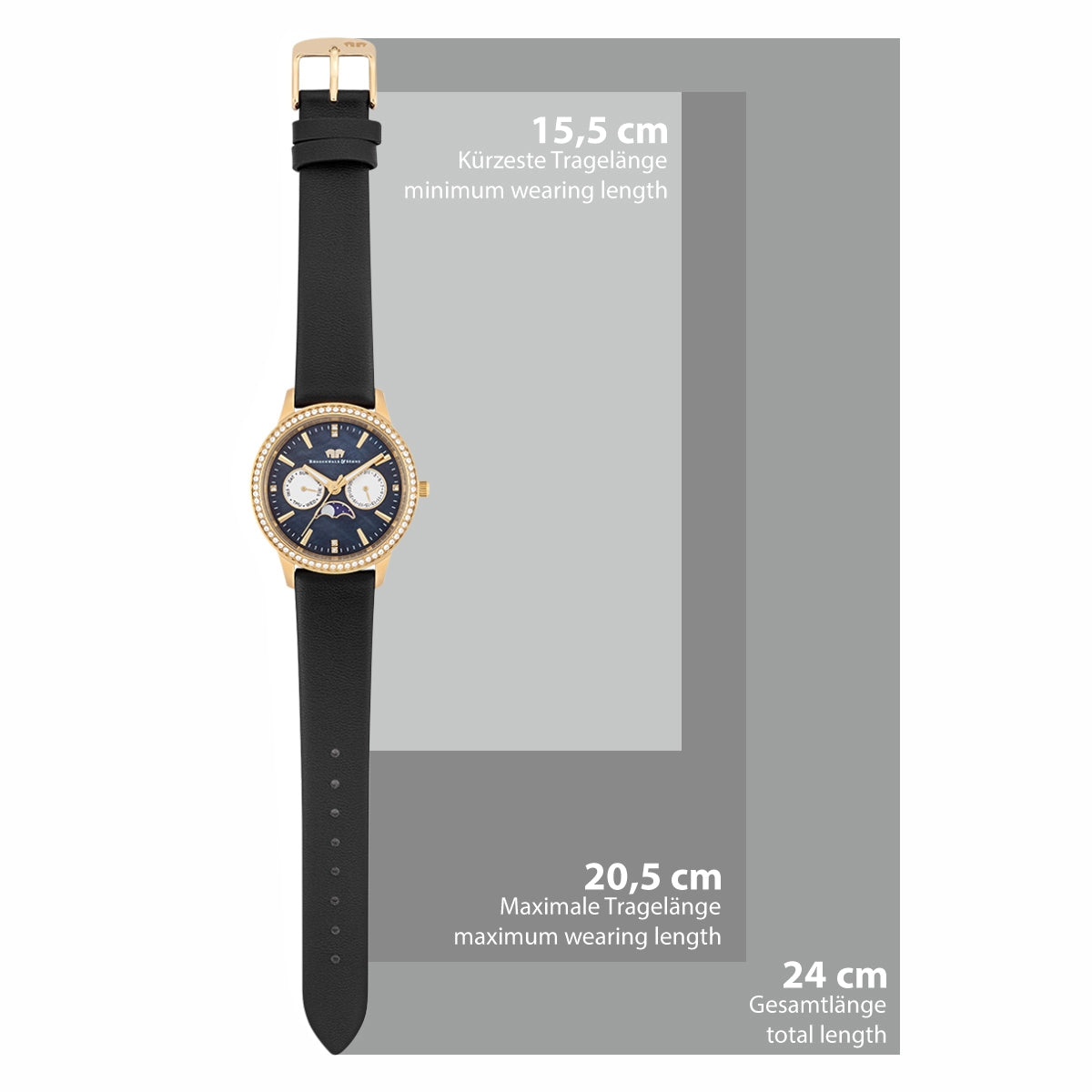 
                  
                    Damen Multifunktionsuhr gelbgold Echtleder schwarz
                  
                