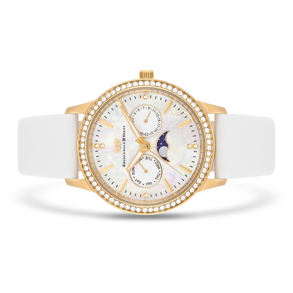 
                  
                    Damen Multifunktionsuhr gelbgold Echtleder weiß
                  
                