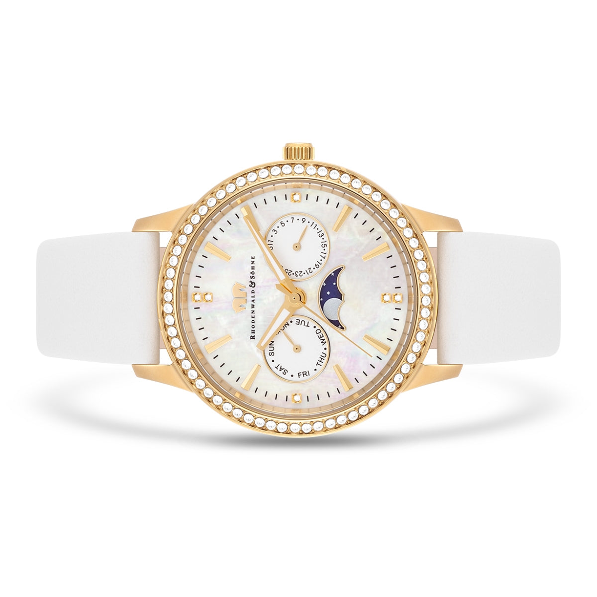 
                  
                    Damen Multifunktionsuhr gelbgold Echtleder weiß
                  
                