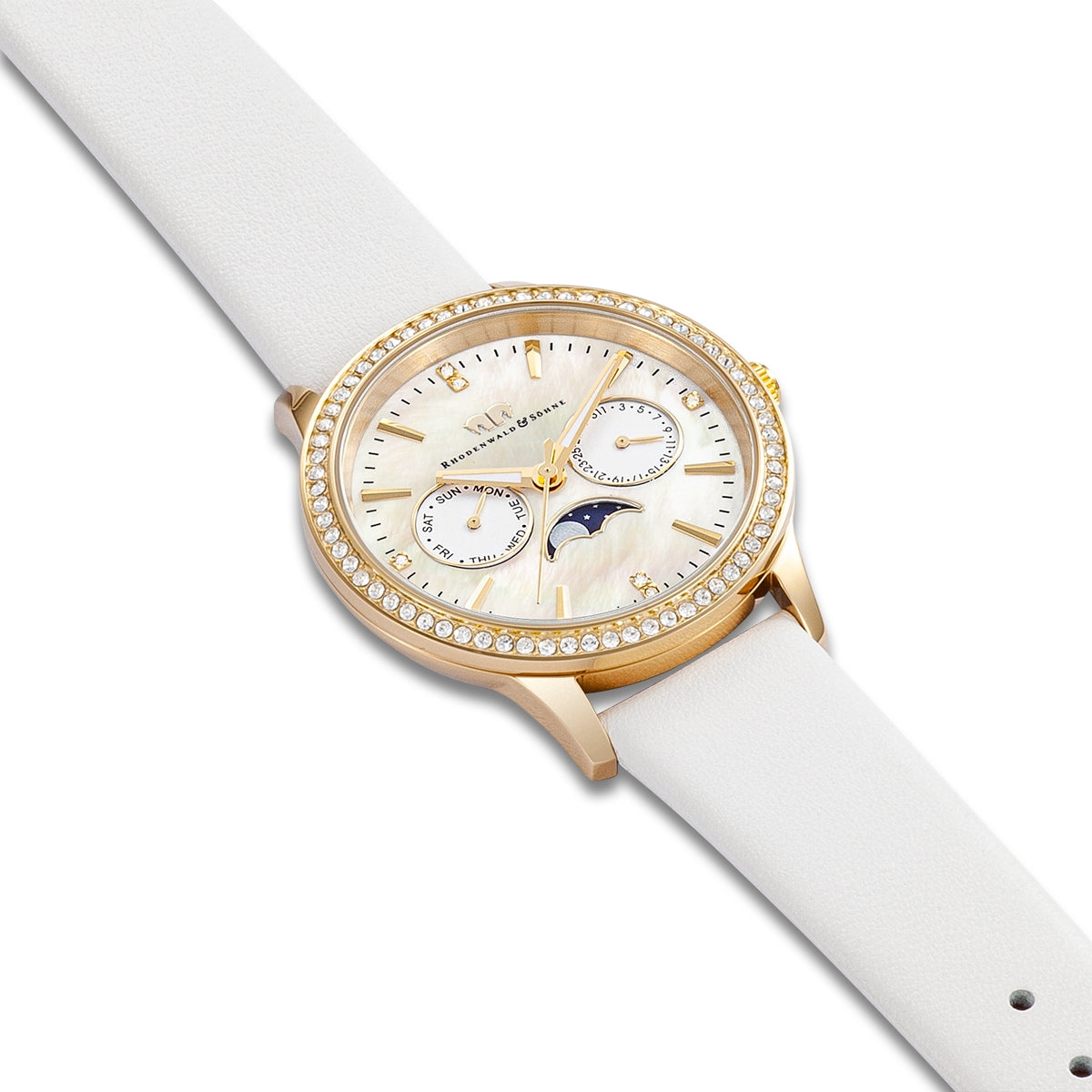 
                  
                    Damen Multifunktionsuhr gelbgold Echtleder weiß
                  
                