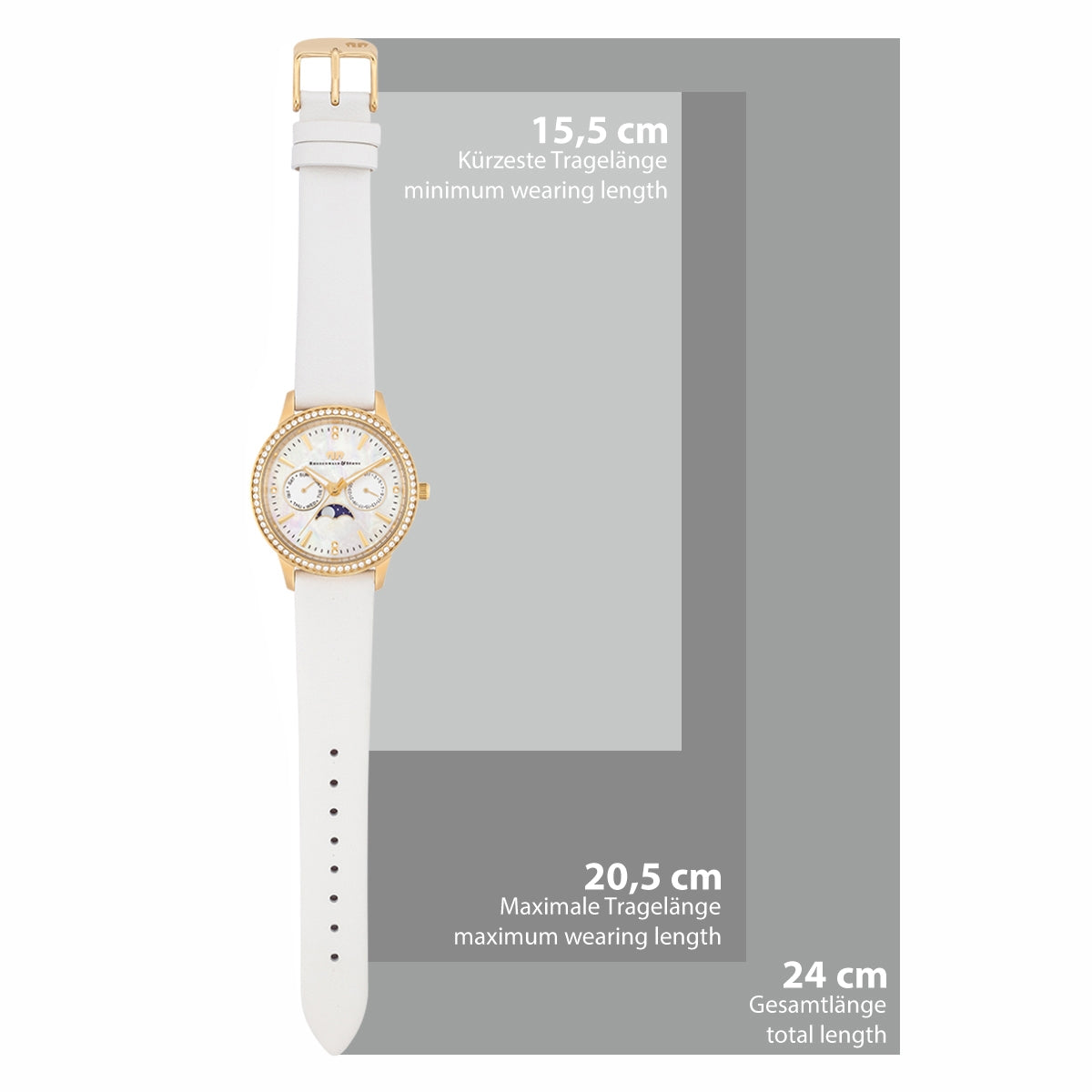 
                  
                    Damen Multifunktionsuhr gelbgold Echtleder weiß
                  
                
