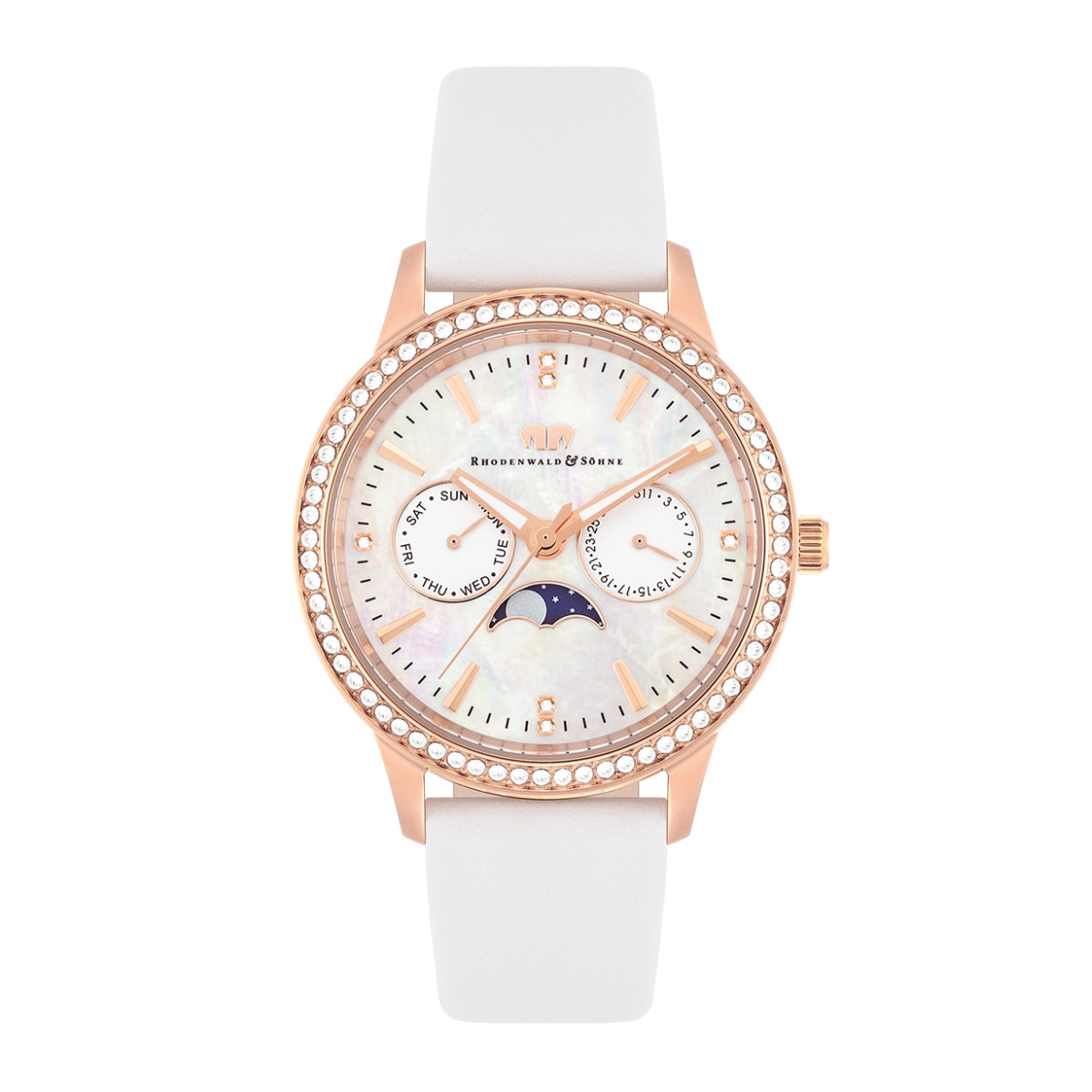 Damen Multifunktionsuhr roségold Echtleder weiß