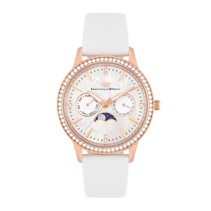 Damen Multifunktionsuhr roségold Echtleder weiß