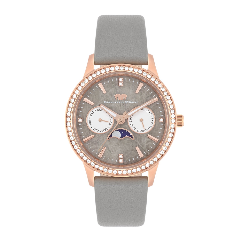 Damen Multifunktionsuhr roségold Echtleder grau