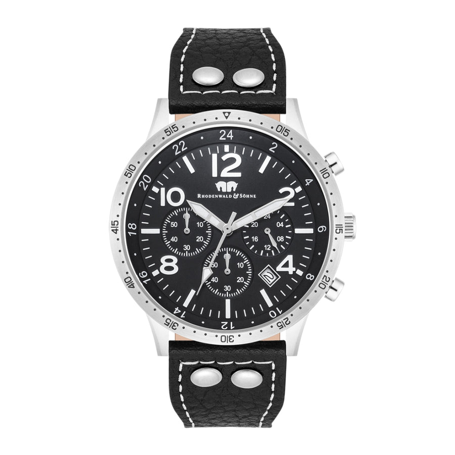 Herren Chronograph silber Echtleder schwarz