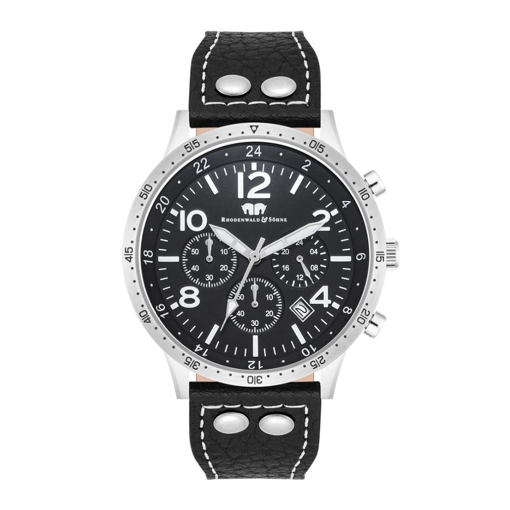 Herren Chronograph silber Echtleder schwarz