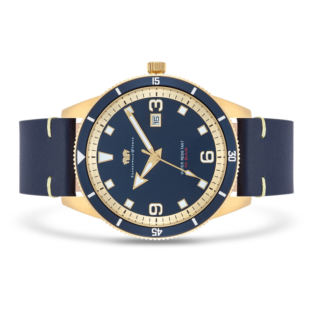 
                  
                    Herren Quarzuhr gelbgold Echtleder blau
                  
                