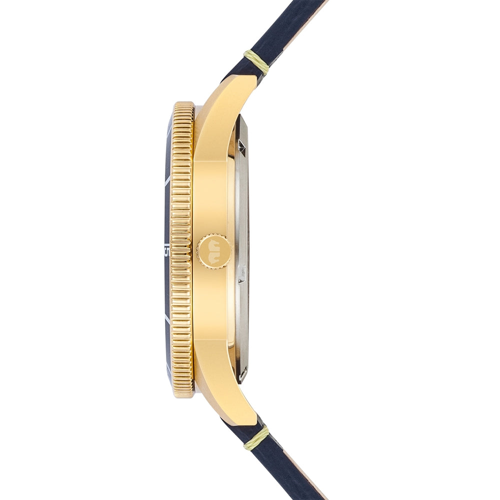 
                  
                    Herren Quarzuhr gelbgold Echtleder blau
                  
                