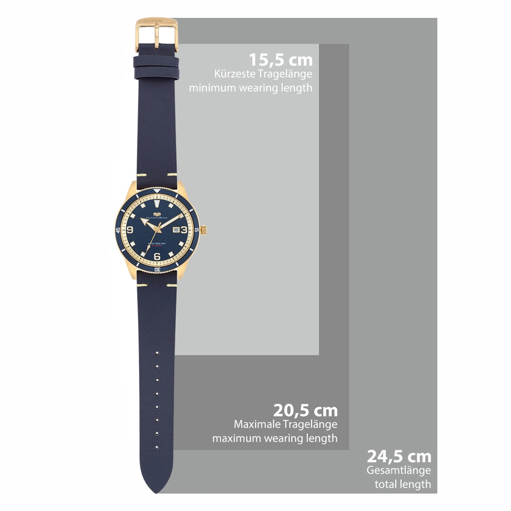 
                  
                    Herren Quarzuhr gelbgold Echtleder blau
                  
                