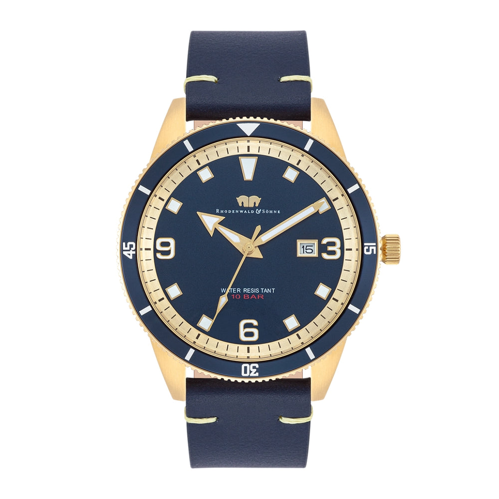 Herren Quarzuhr gelbgold Echtleder blau