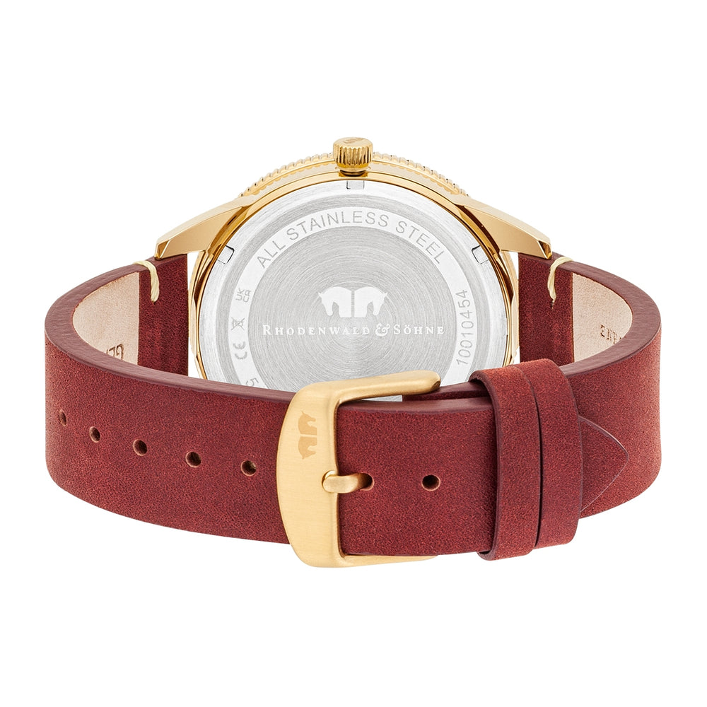 
                  
                    Herren Quarzuhr gelbgold Echtleder rot
                  
                