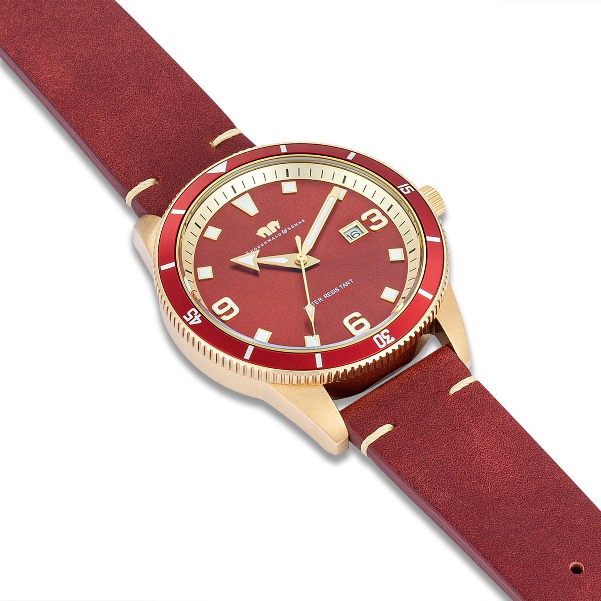 
                  
                    Herren Quarzuhr gelbgold Echtleder rot
                  
                