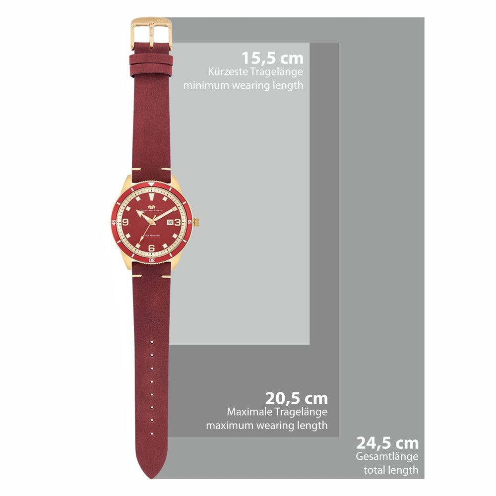 
                  
                    Herren Quarzuhr gelbgold Echtleder rot
                  
                