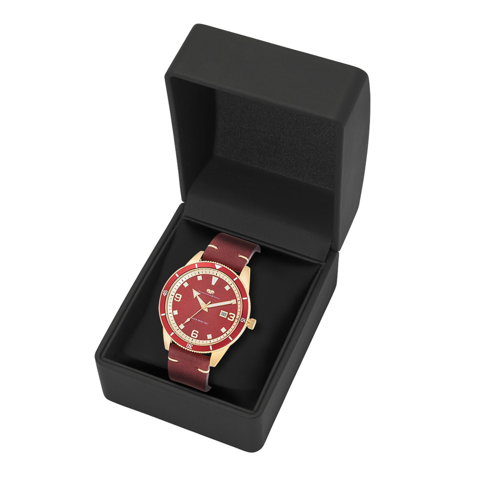 
                  
                    Herren Quarzuhr gelbgold Echtleder rot
                  
                
