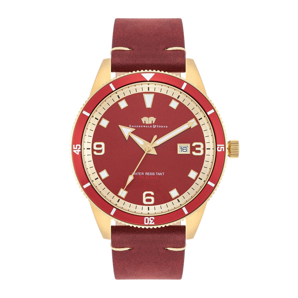 Herren Quarzuhr gelbgold Echtleder rot
