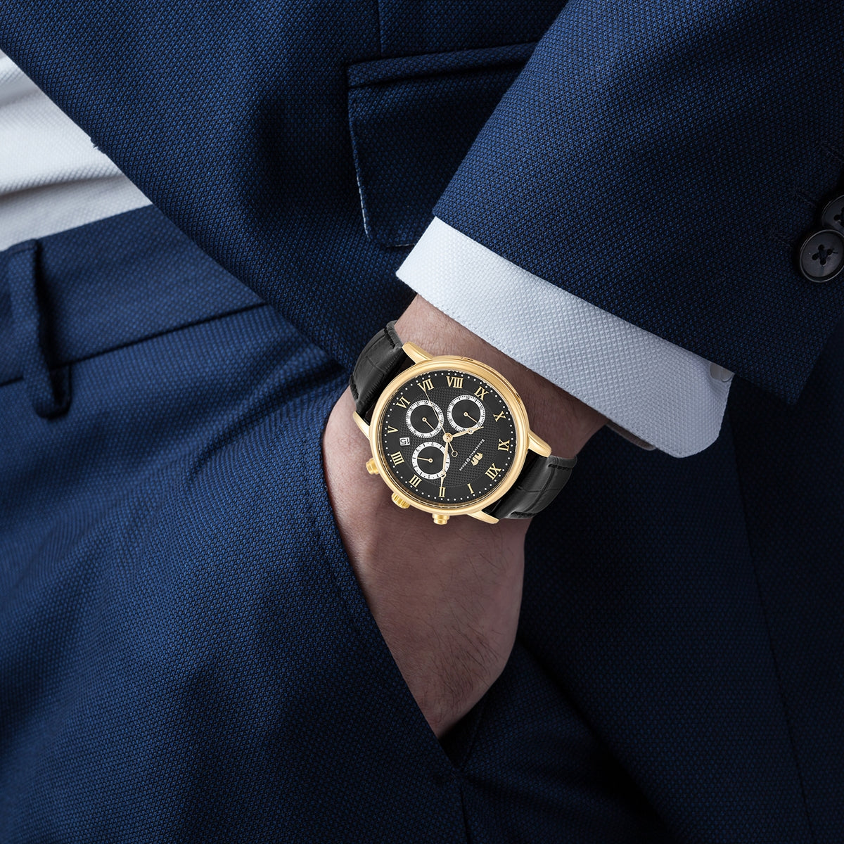 
                  
                    Herren Chronograph gelbgold Echtleder schwarz
                  
                