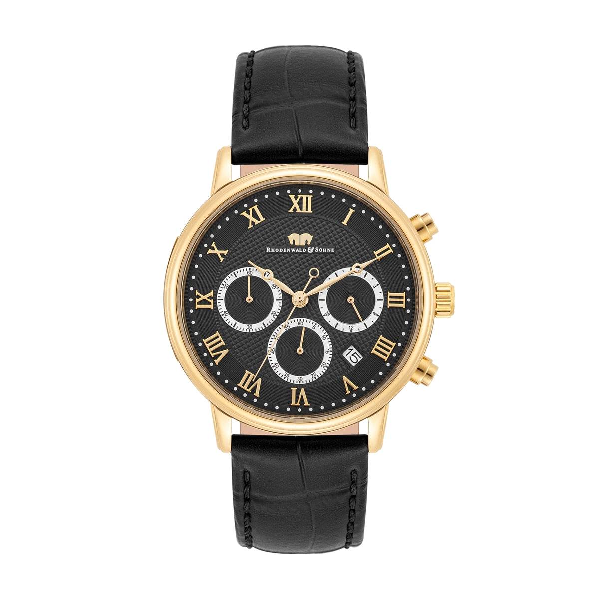 
                  
                    Herren Chronograph gelbgold Echtleder schwarz
                  
                