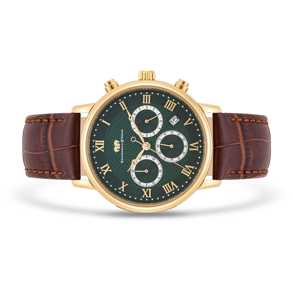 
                  
                    Herren Chronograph gelbgold Echtleder dunkelbraun
                  
                
