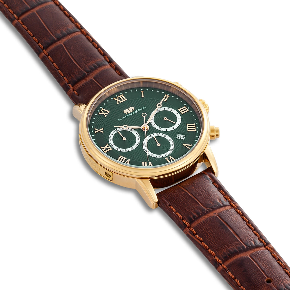 
                  
                    Herren Chronograph gelbgold Echtleder dunkelbraun
                  
                