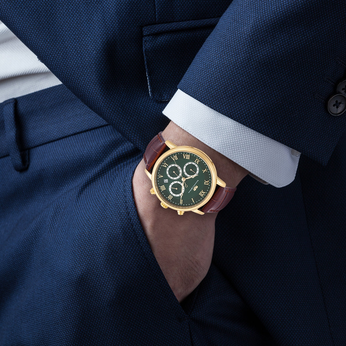 
                  
                    Herren Chronograph gelbgold Echtleder dunkelbraun
                  
                