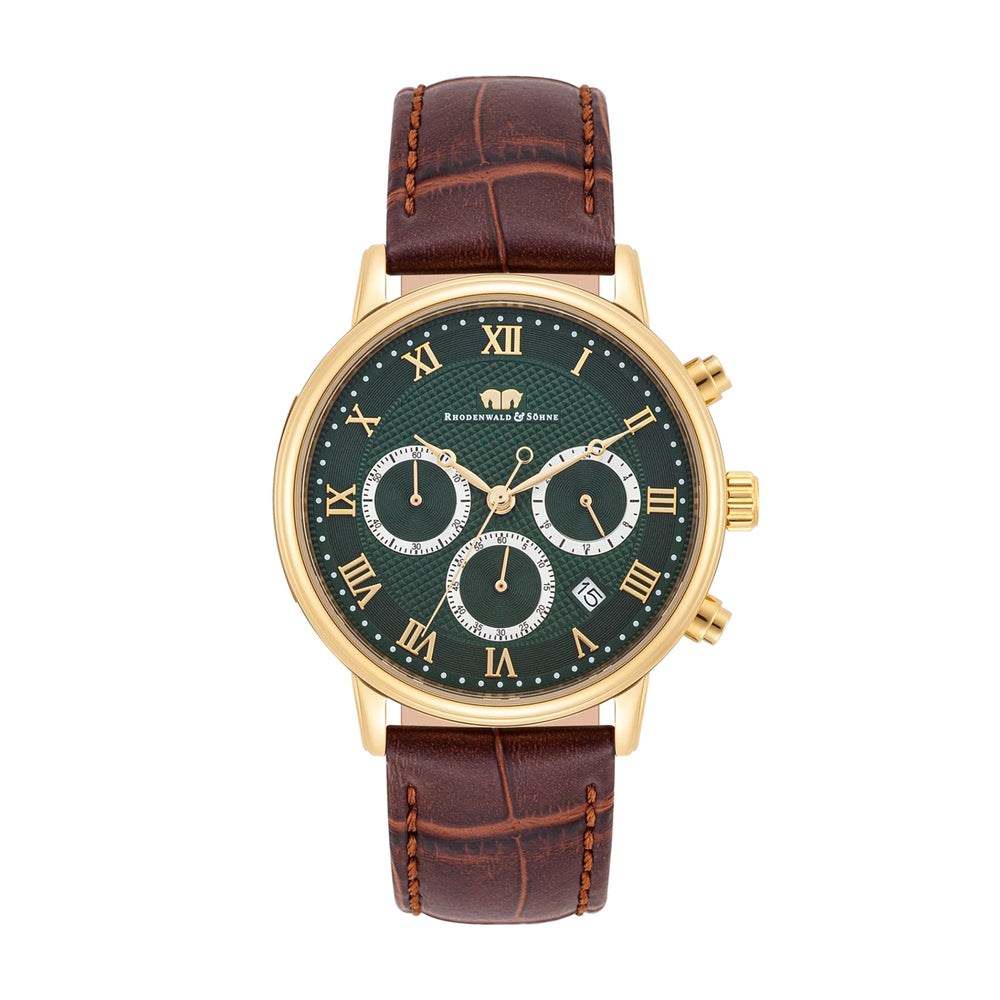 Herren Chronograph gelbgold Echtleder dunkelbraun