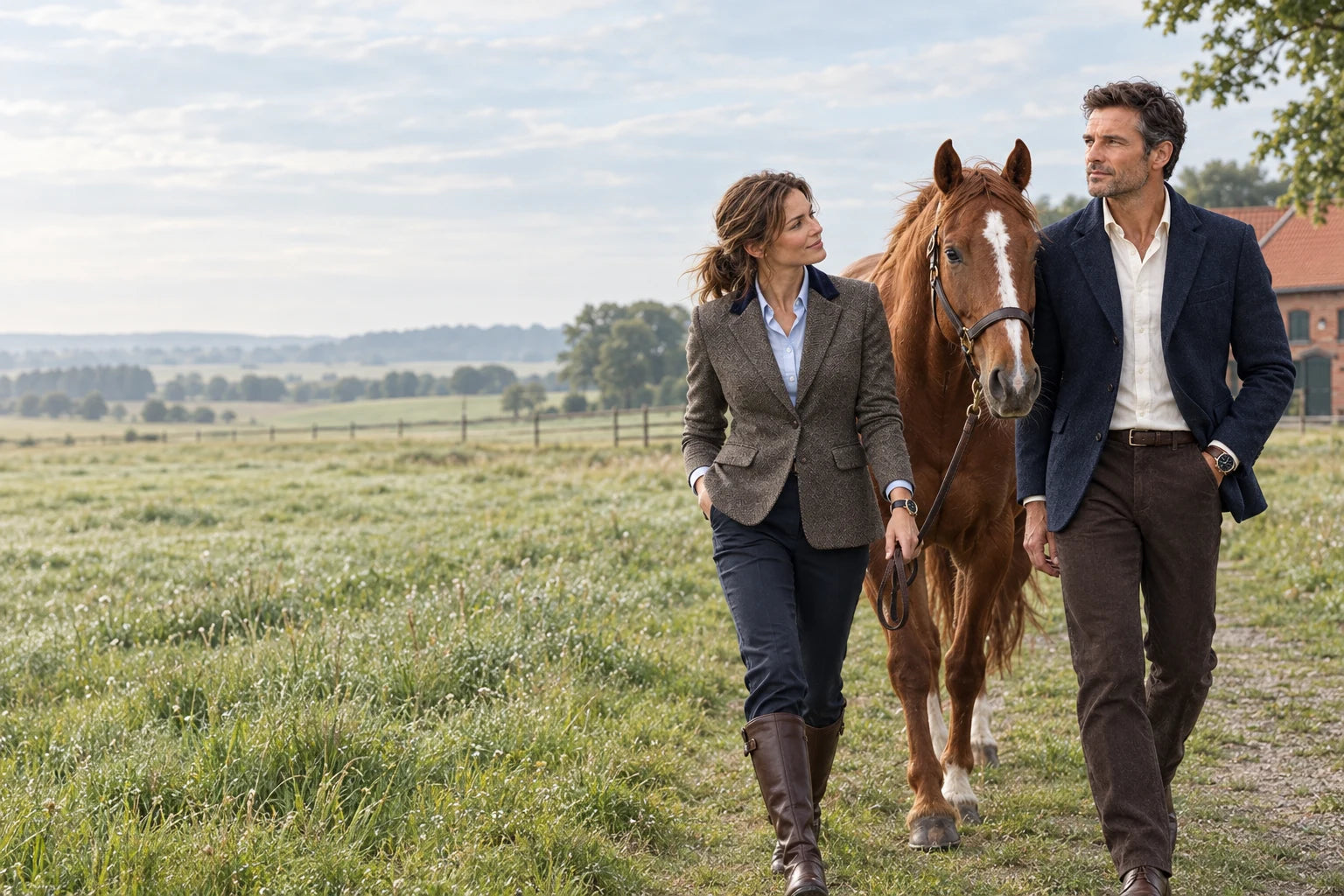 KI-Motiv: Ein Paar mit Pferd auf einem deutschen Gestüt