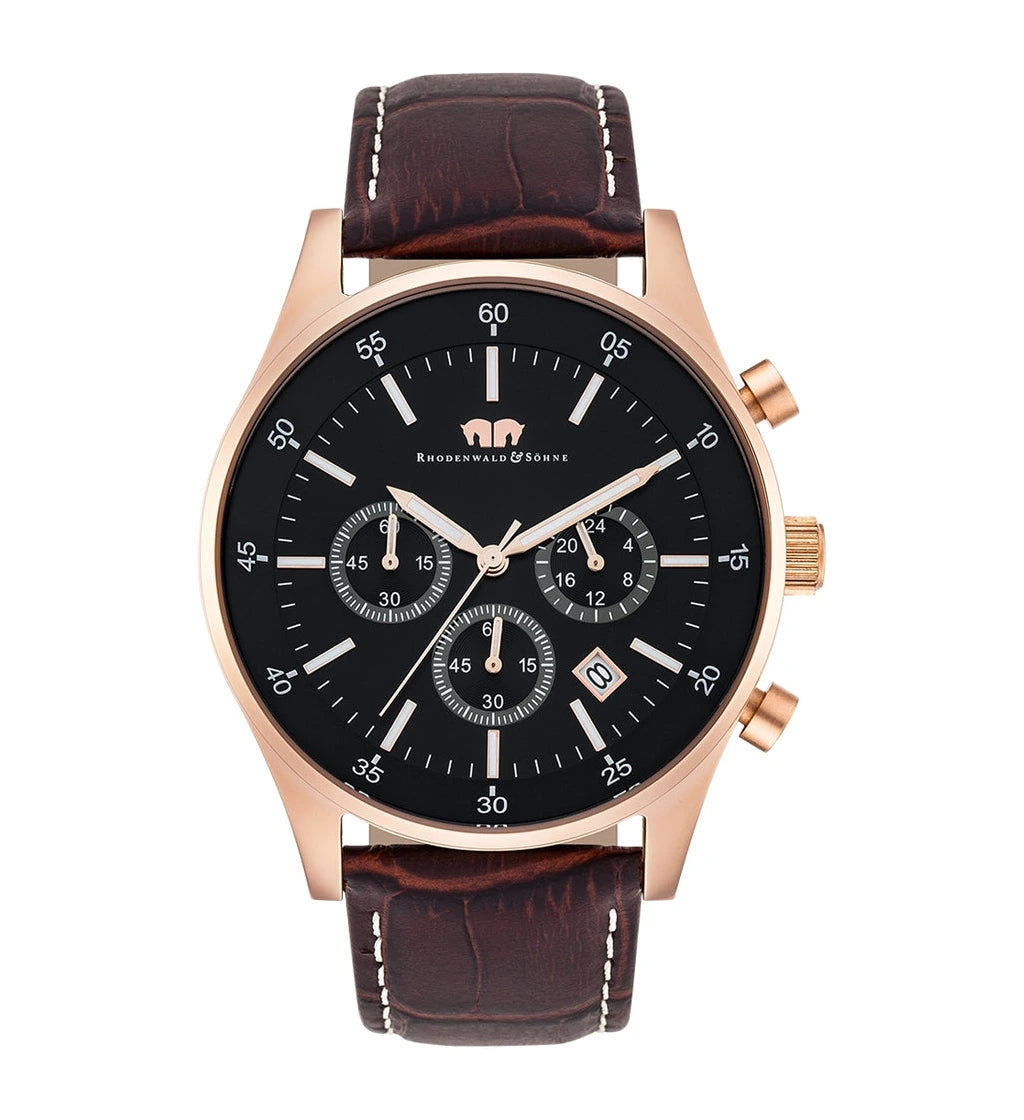 Herren Chronograph roségold Echtleder dunkelbraun