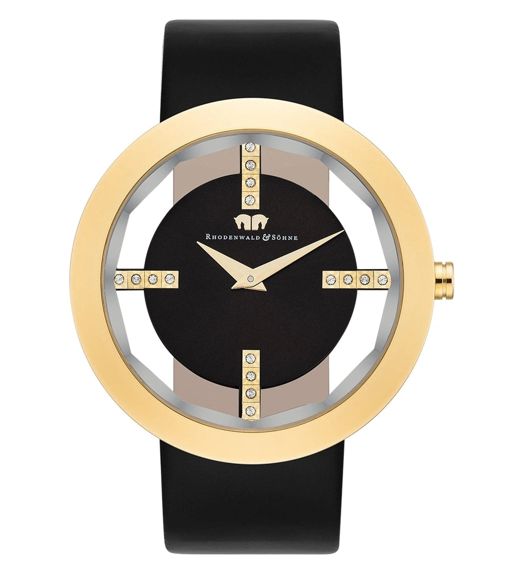 Damen Quarzuhr gelbgold Echtleder schwarz